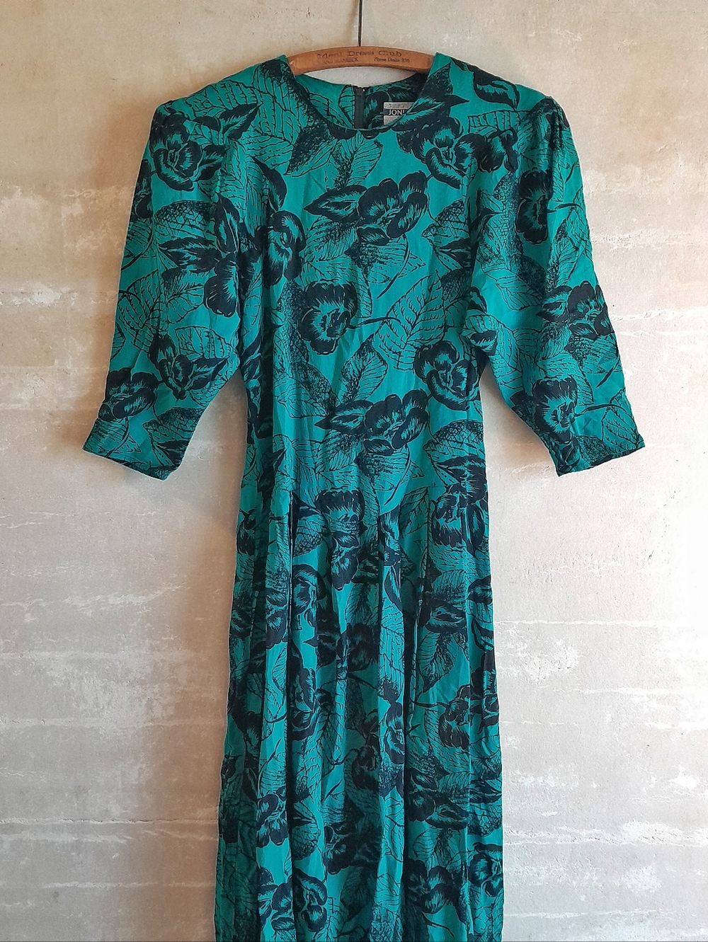 547a. green & black vintage Joni Blair floral 80s 90s midi dress, 3